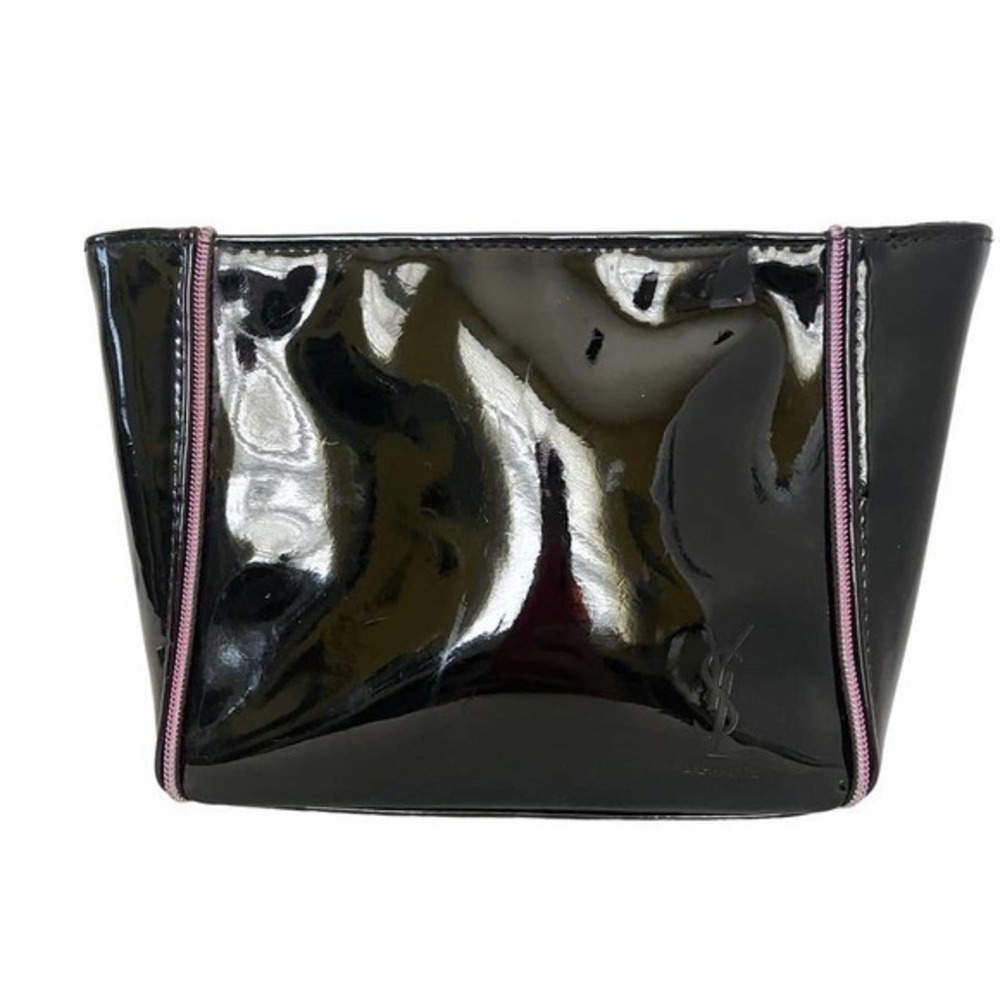 Yves Saint Laurent YSL Beauté Black Patent Faux Leather Zip Pouch Cosmetic Case